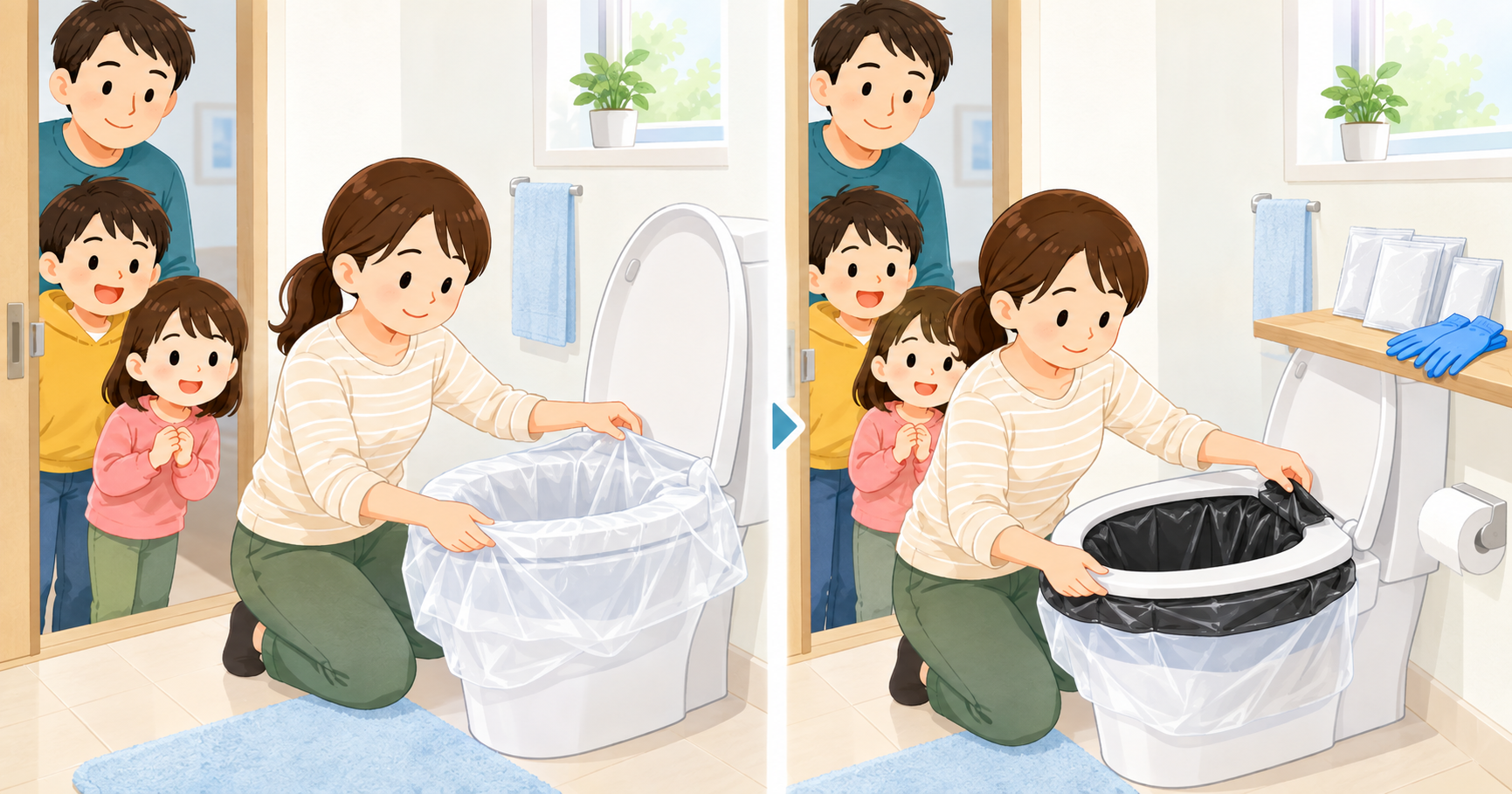 洋式便器に保護袋と便袋を取り付ける携帯トイレの準備例