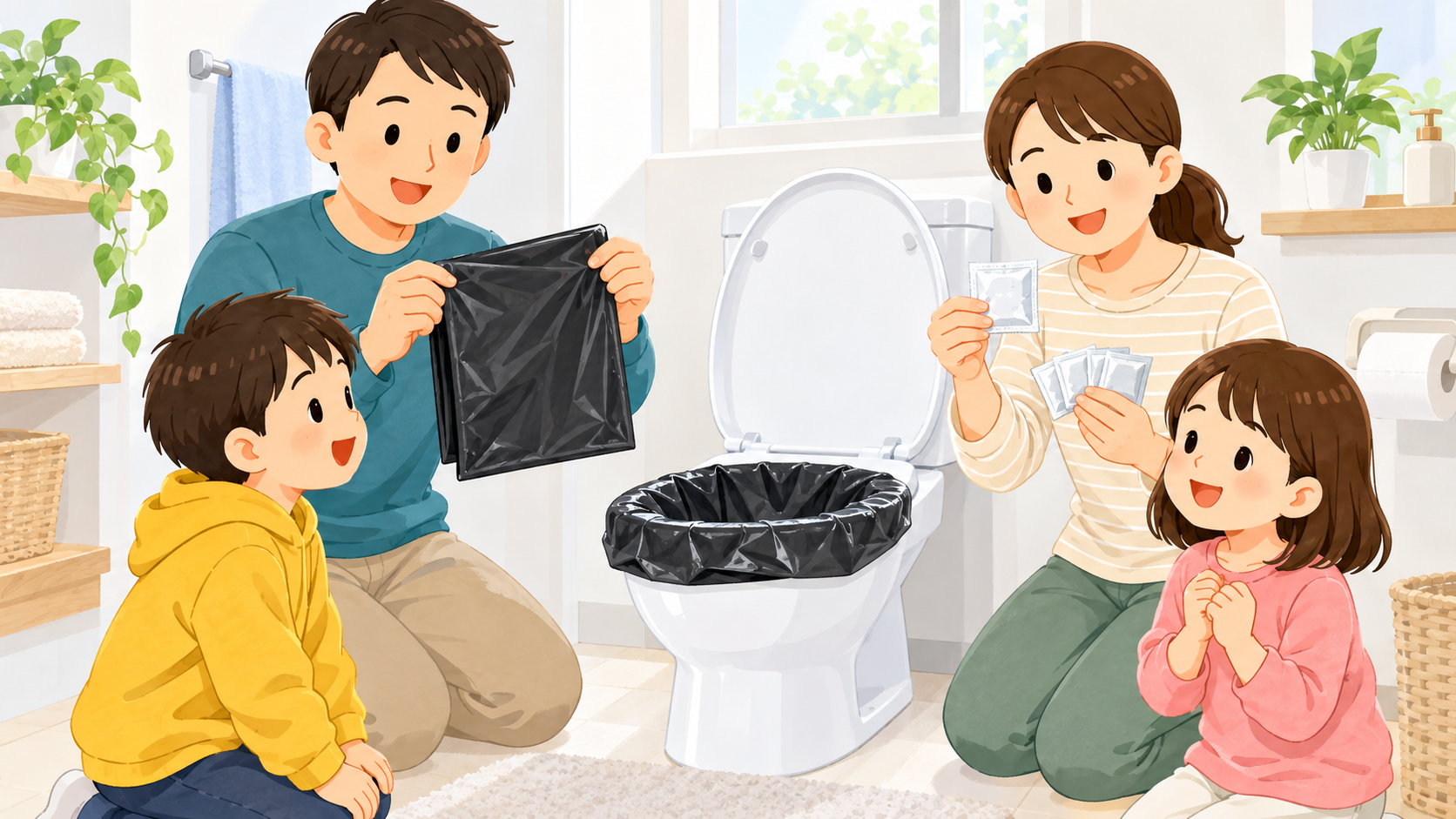家族で携帯トイレの使い方を事前に練習する様子