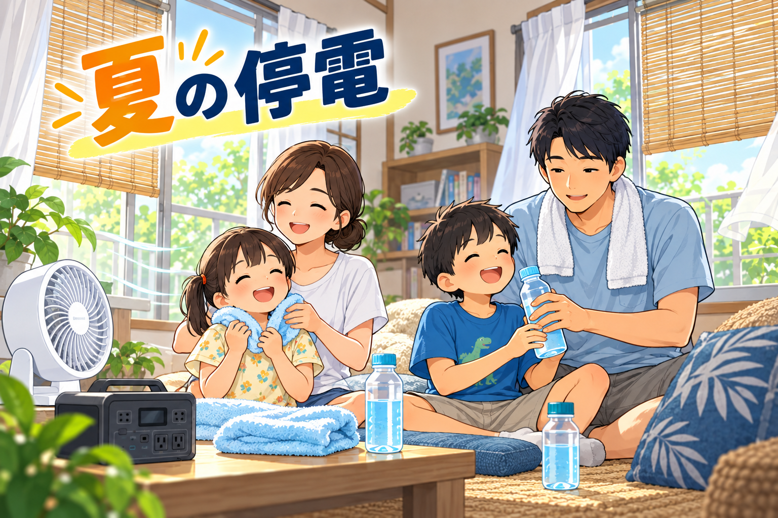 夏の停電時に水分補給や濡れタオル、充電式扇風機で暑さをしのぐ家族