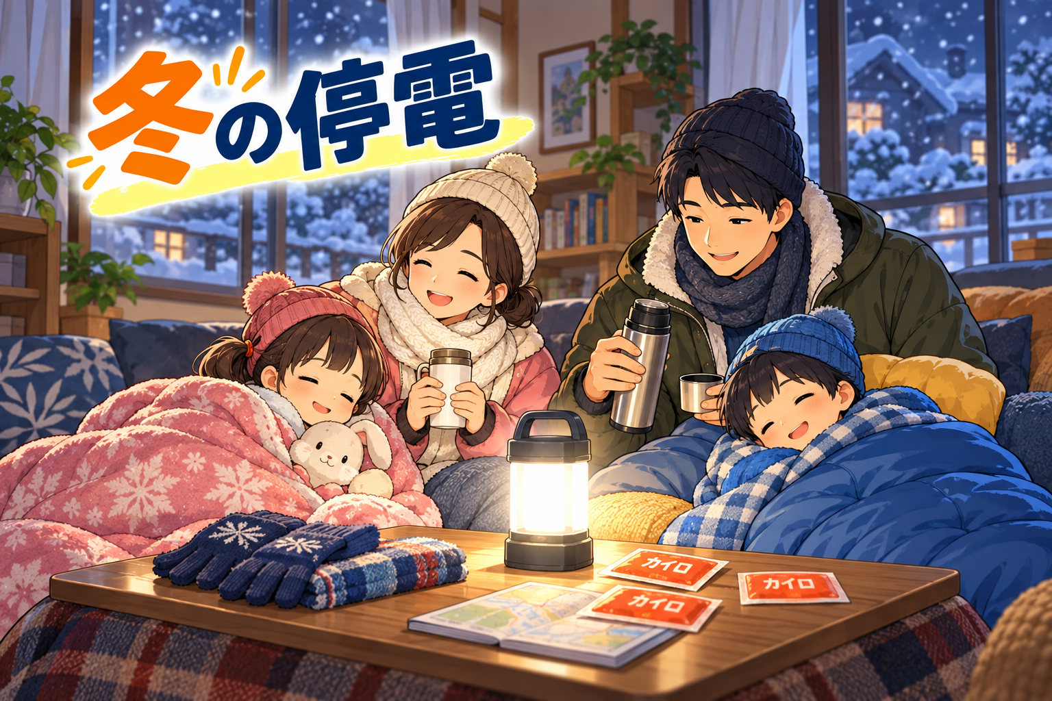冬の停電時に重ね着や毛布、寝袋で体温を守る家族