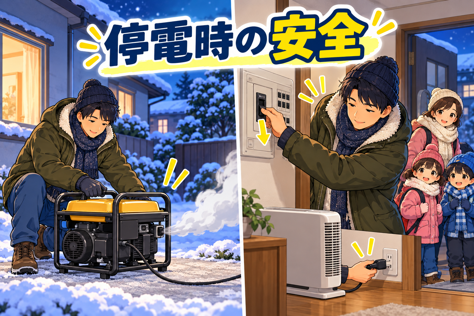 携帯発電機を屋外で使用し、避難前にブレーカーを切る安全対策