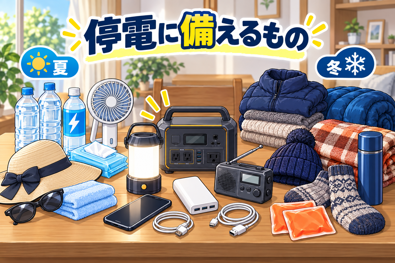 夏と冬の停電に備える飲料水、扇風機、照明、電源、毛布、防寒着など