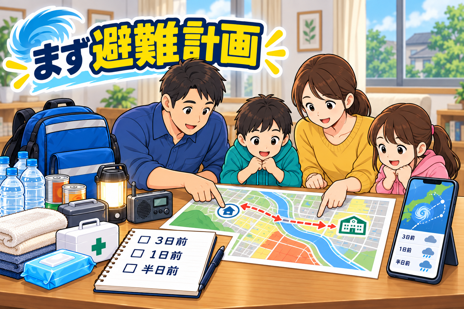 台風接近の3日前から家族でハザードマップと避難計画を確認する様子