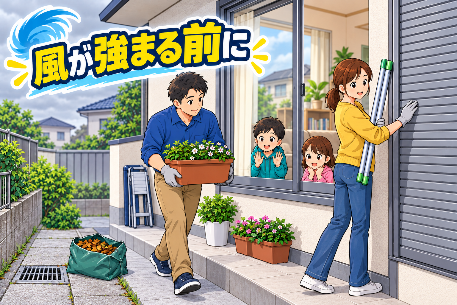 台風の風が強まる前に植木鉢や物干し竿を室内へ入れる家族