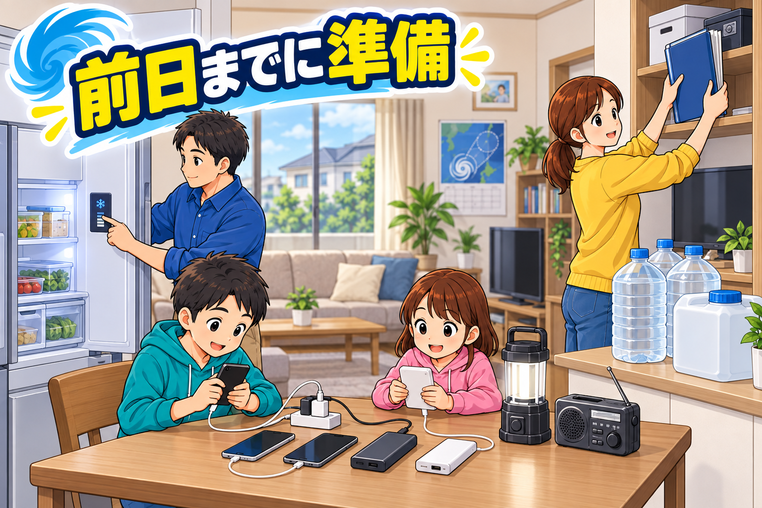 台風前日にスマートフォンの充電や飲料水、照明を確認する家族