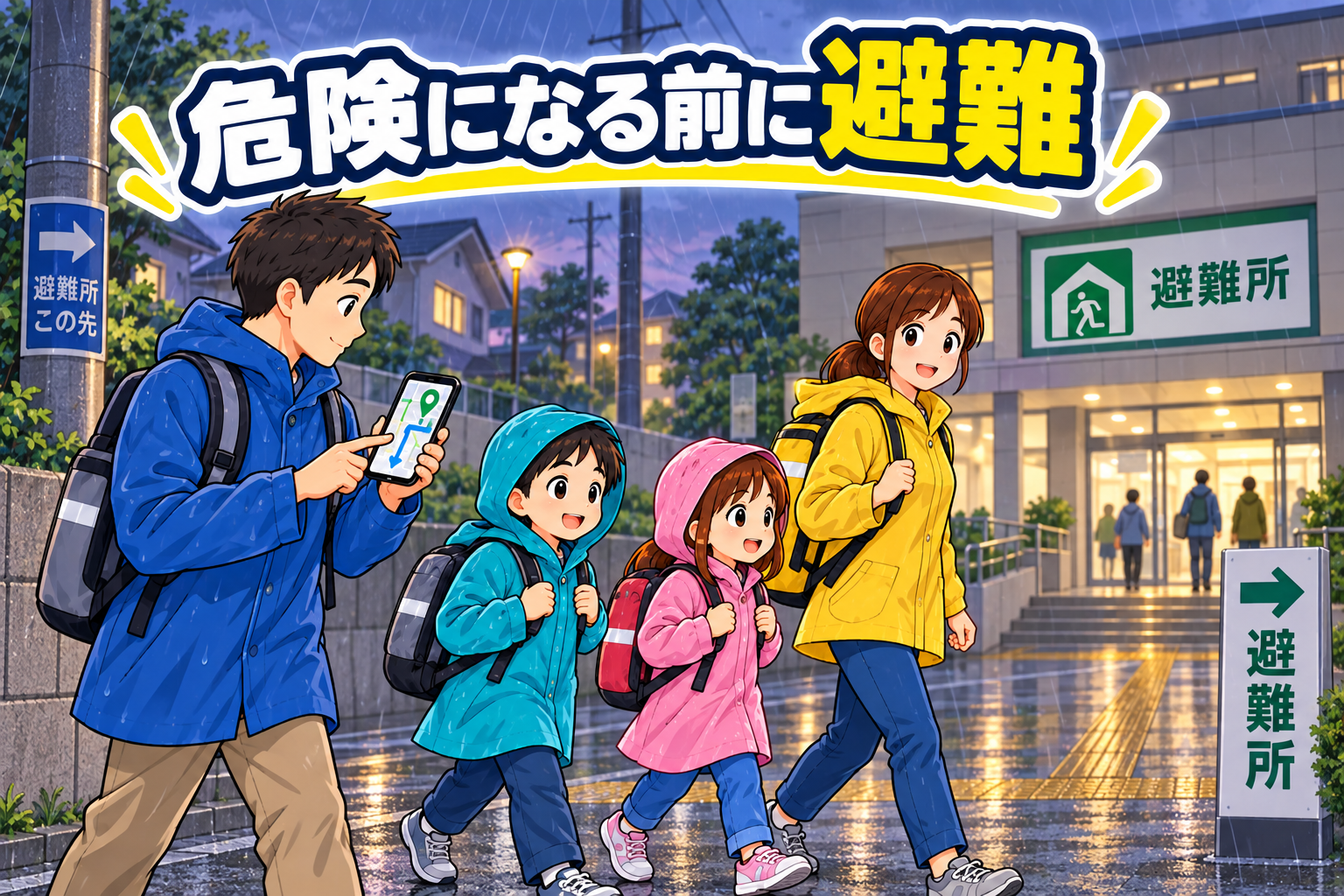 台風で道路が危険になる前に家族で避難所へ向かう様子