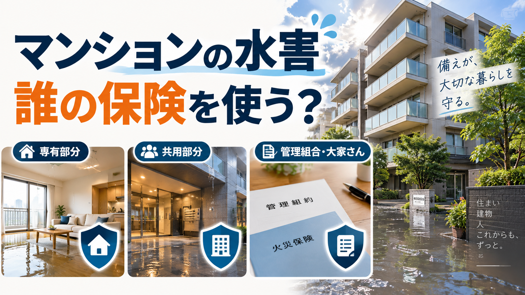 マンション水害で自分・管理組合・大家のどの保険を使うか
