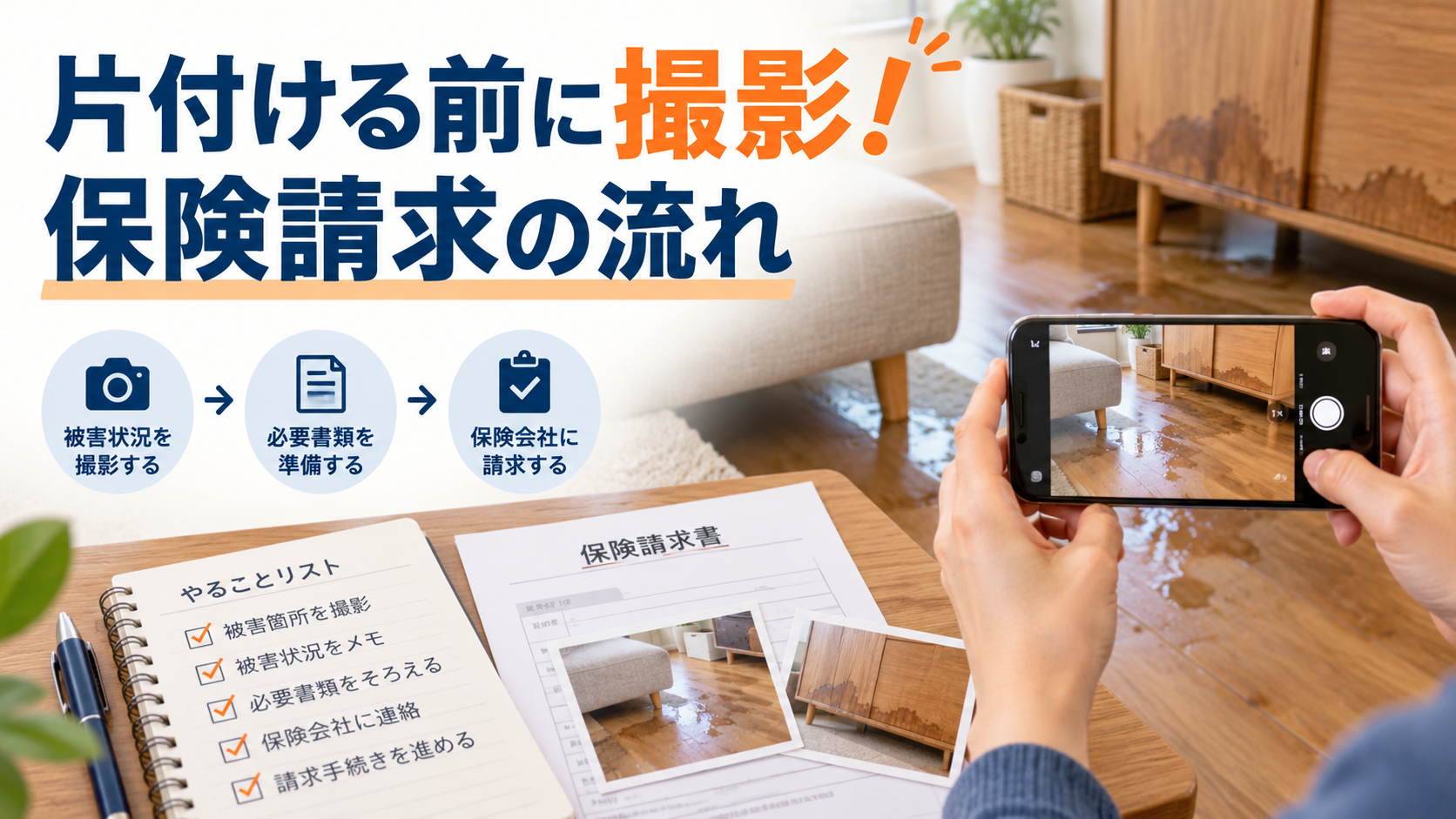 災害後に片付ける前の被害撮影と保険請求の流れ