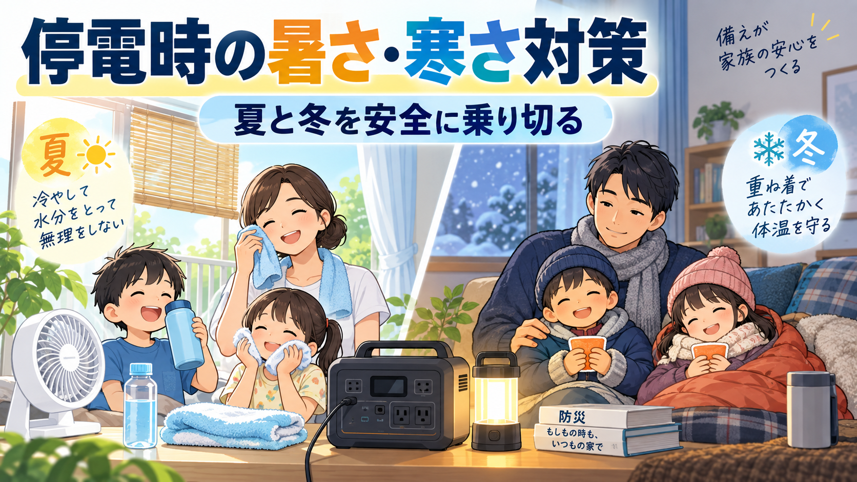停電時の夏の暑さ対策と冬の寒さ対策を準備する家族
