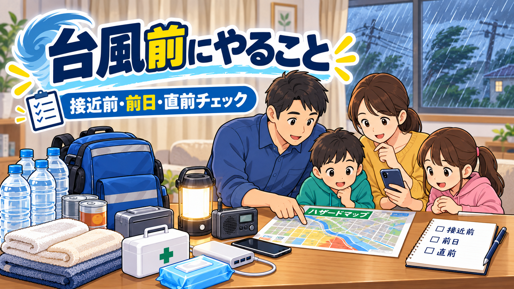 台風前に家族で避難計画と防災用品を確認する様子