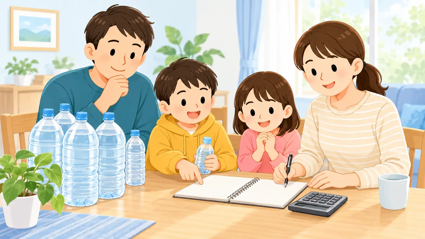 防災用の水の必要量を家族で計算する様子