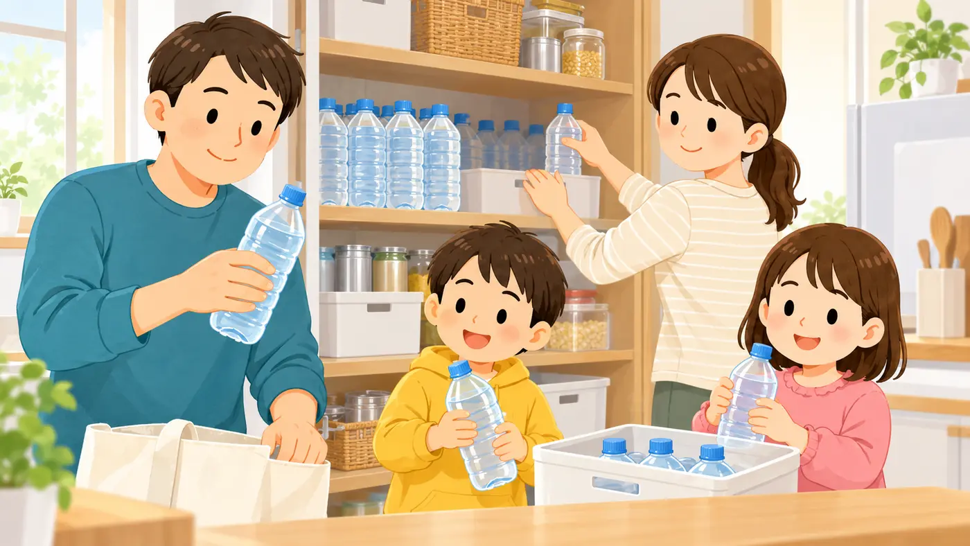 備蓄水を古いものから使い新しい水を補充する家族