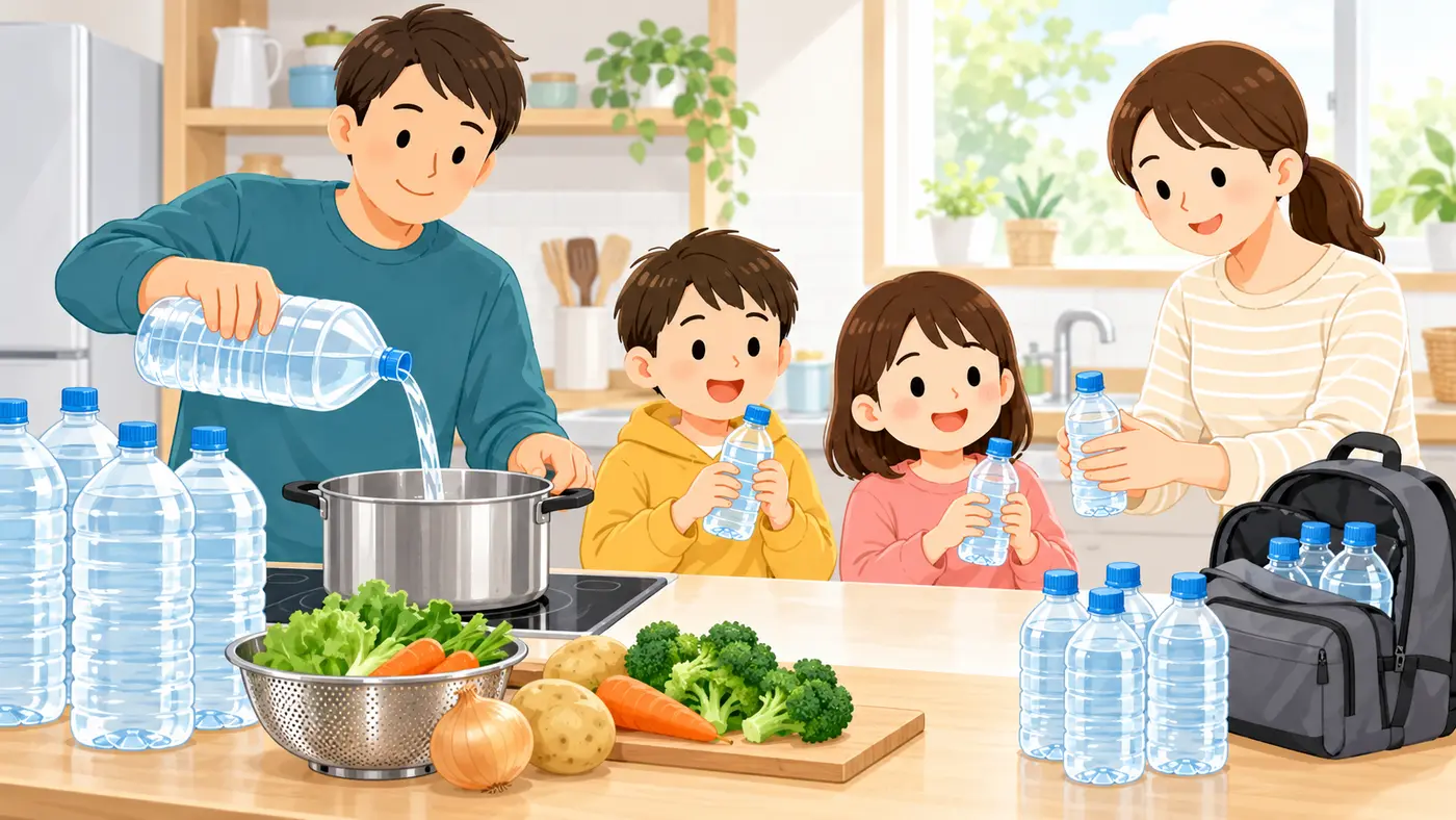 2Lと500mLのペットボトルを用途に合わせて使い分ける家族