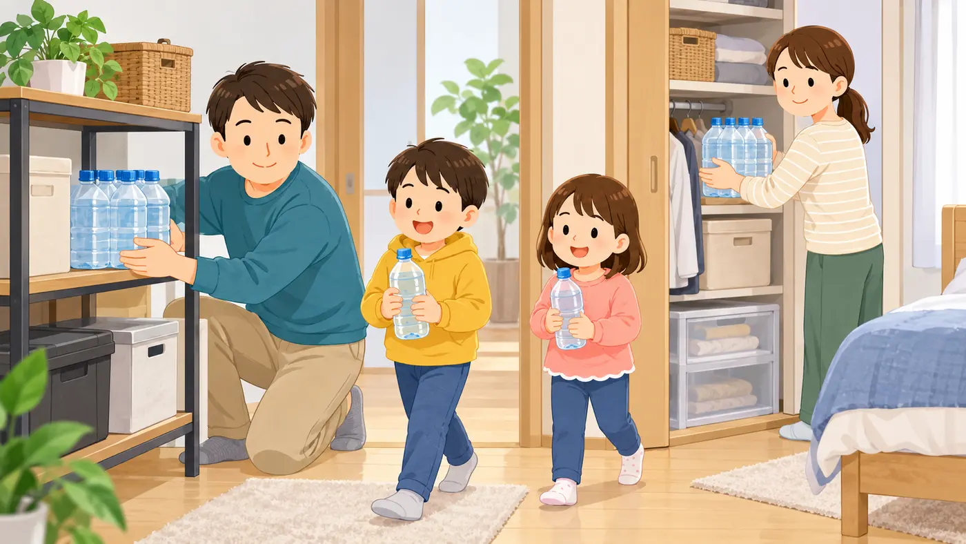 防災用の水を自宅の複数箇所へ分散して保管する家族