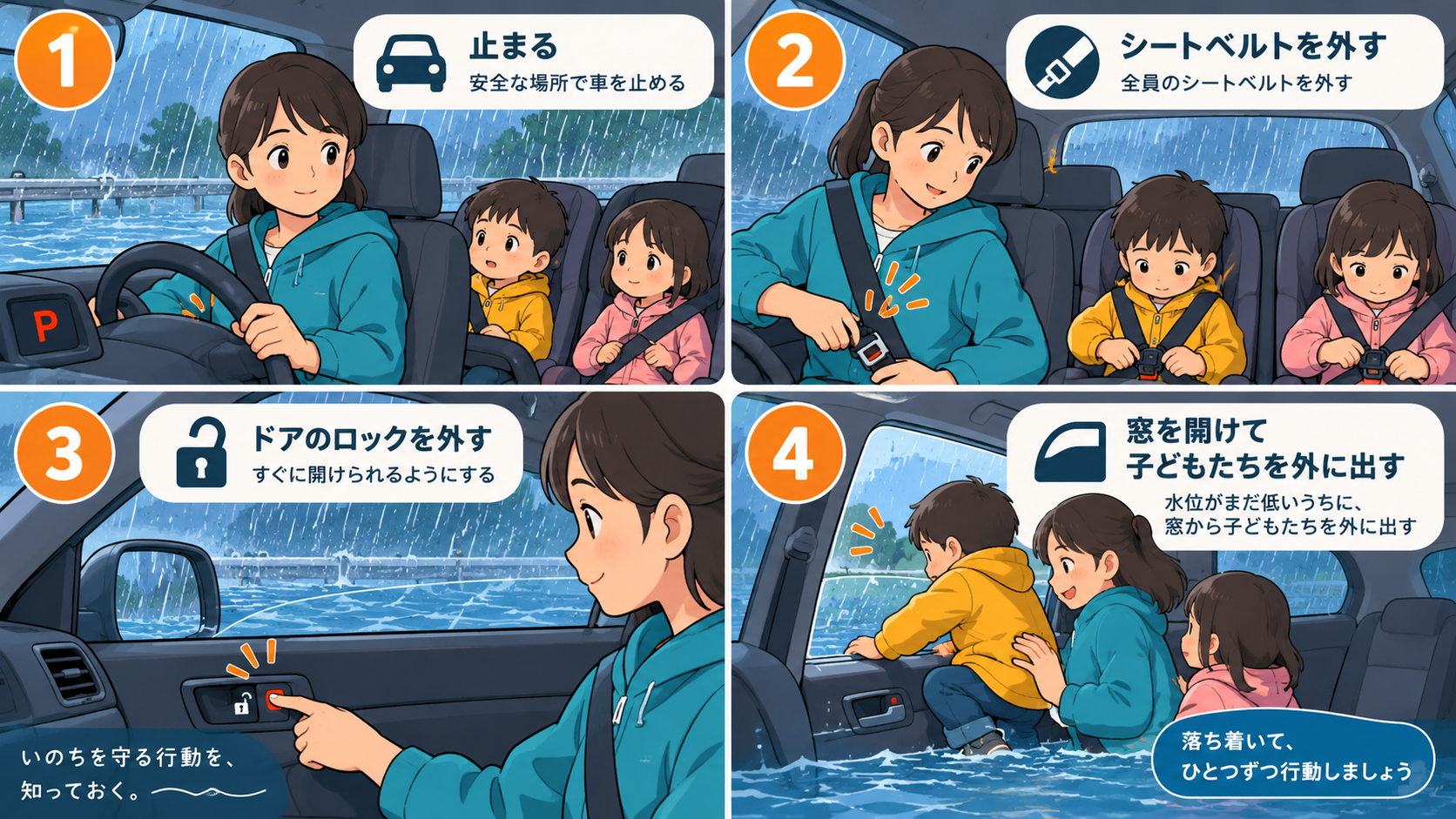 車が冠水したときにシートベルトを外して窓から脱出する手順
