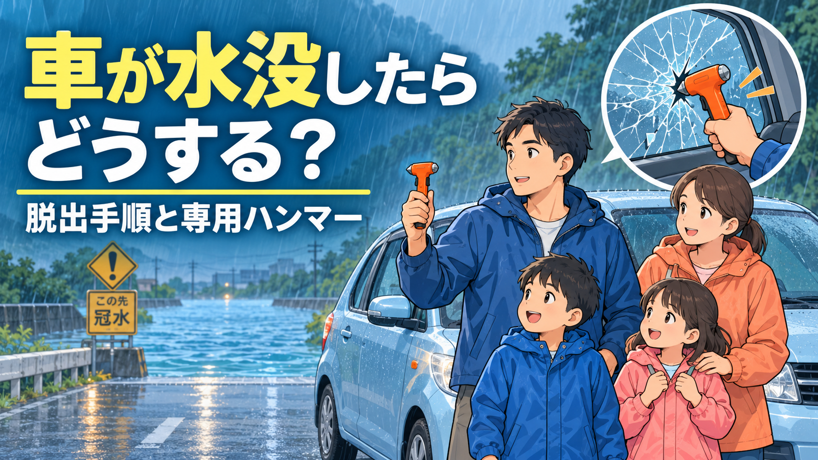 水没車両からの脱出手順と車用脱出ハンマーを確認する家族