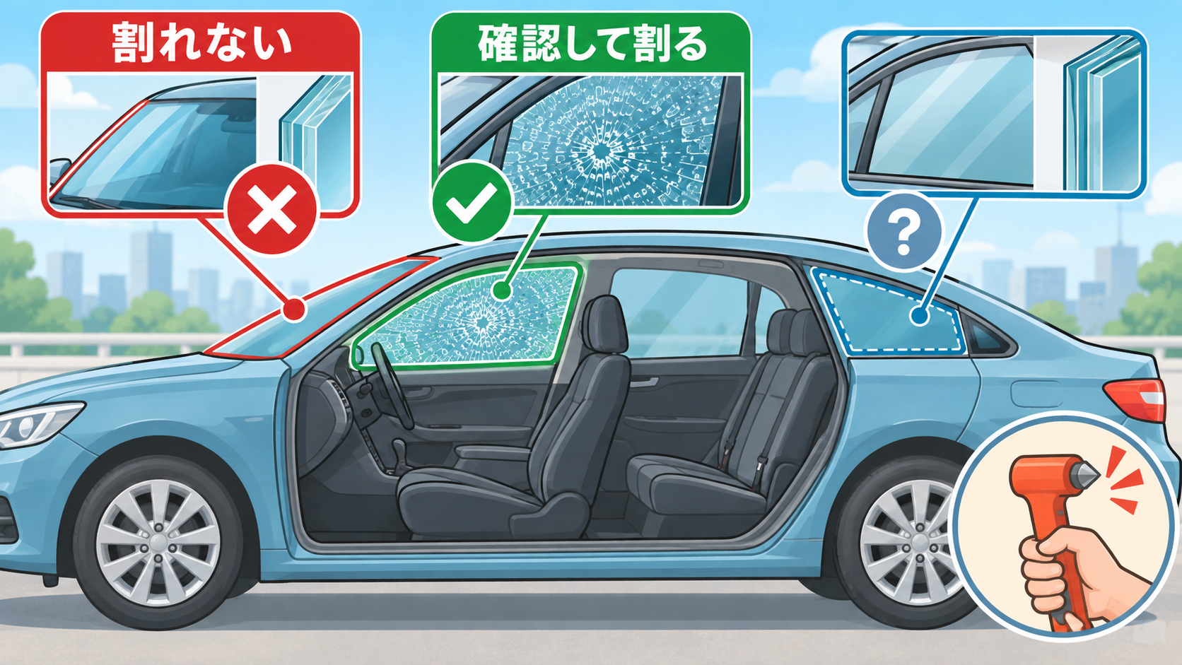脱出用ハンマーで割れない合わせガラスと破砕可能な側面窓の違い