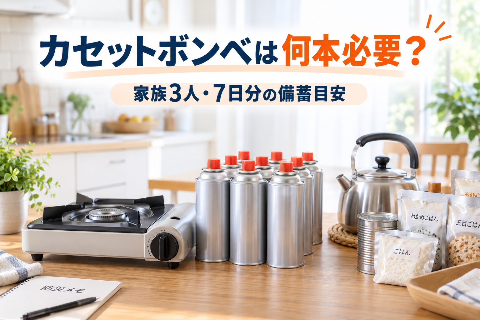 カセットコンロとカセットボンベを並べた家族3人・7日分の防災備蓄