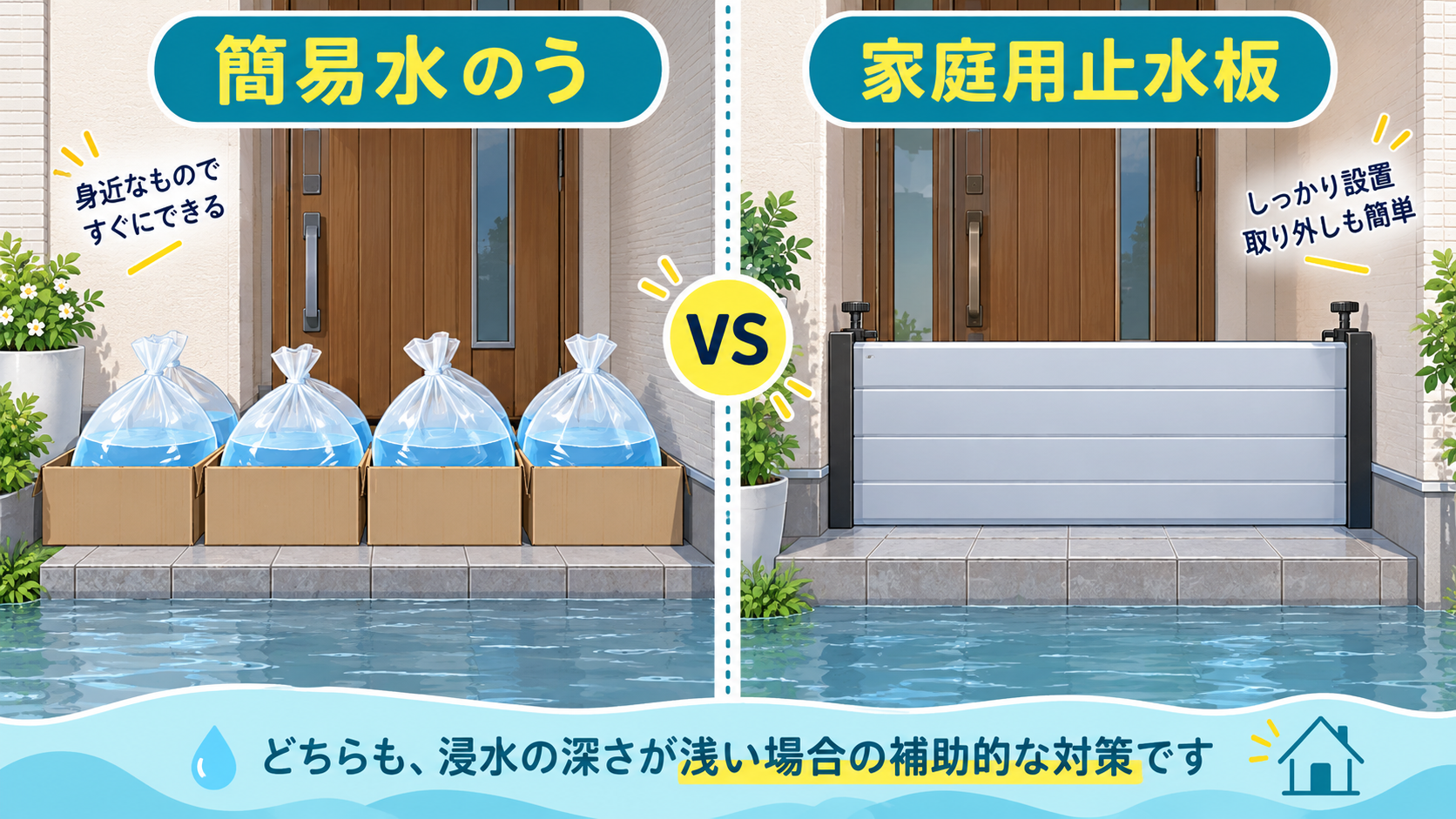 玄関に設置した簡易水のうと家庭用止水板の比較
