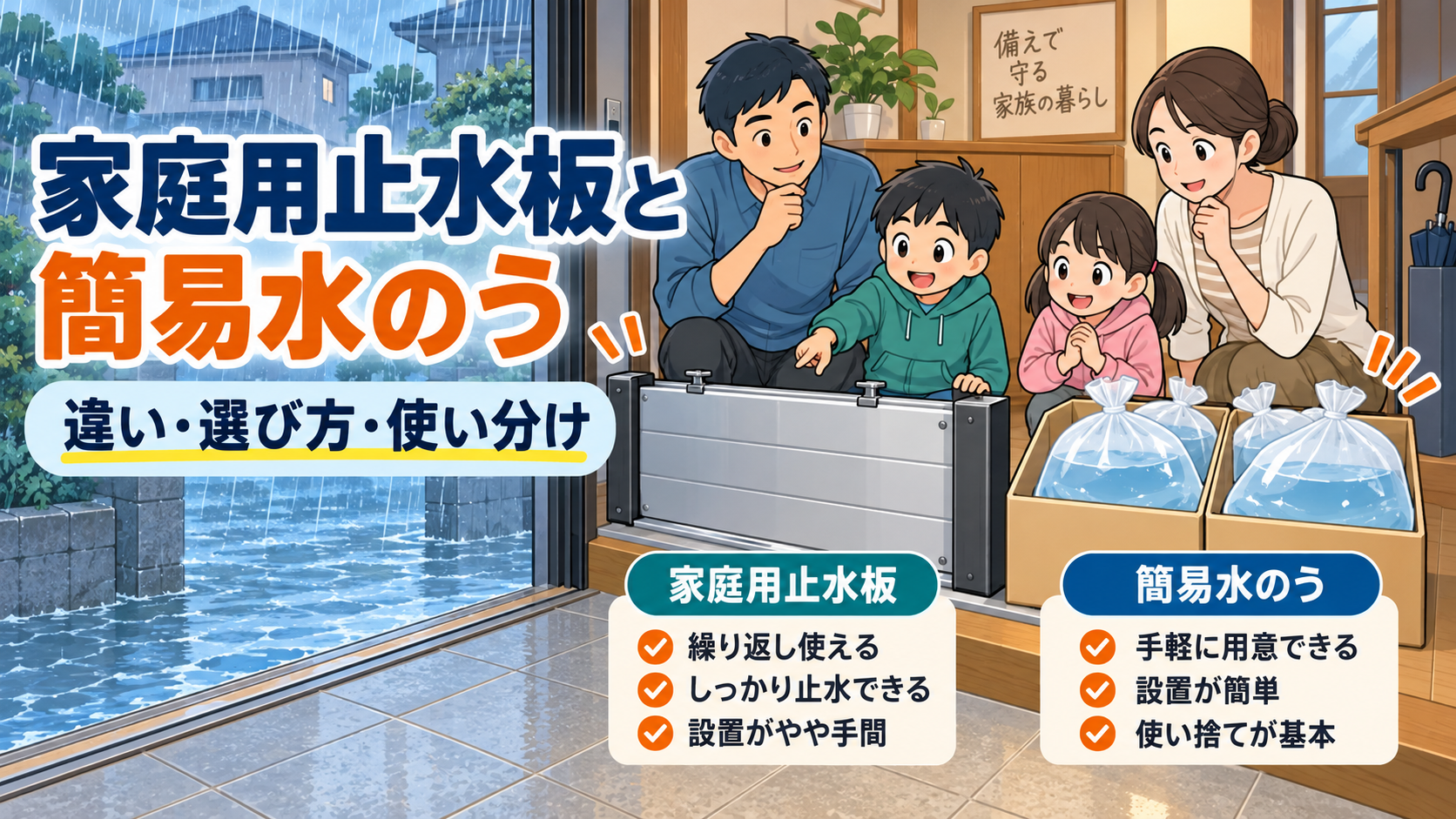 家庭用止水板と簡易水のうの違いを家族で比較する様子