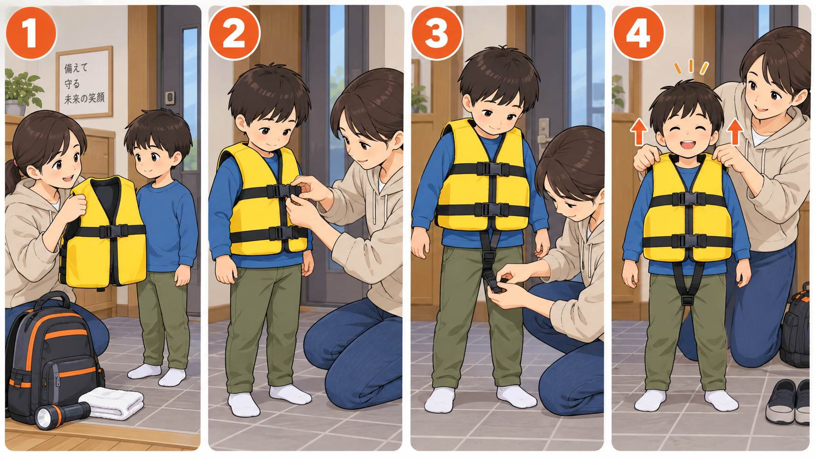 子ども用ライフジャケットを正しく着用する4つの手順