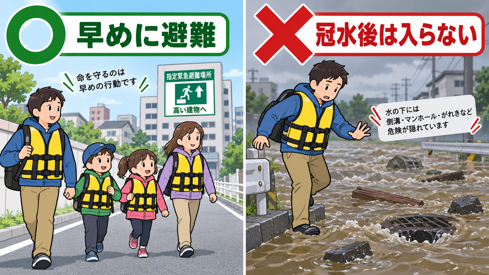 冠水前の早期避難と冠水後に水へ入らない注意の比較