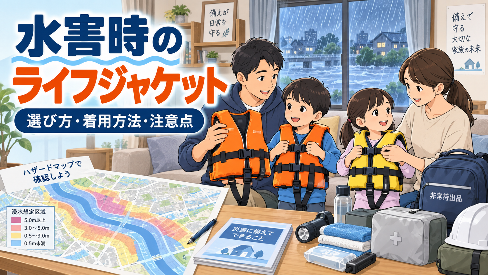 大雨に備えて家族で水害用ライフジャケットを確認する様子