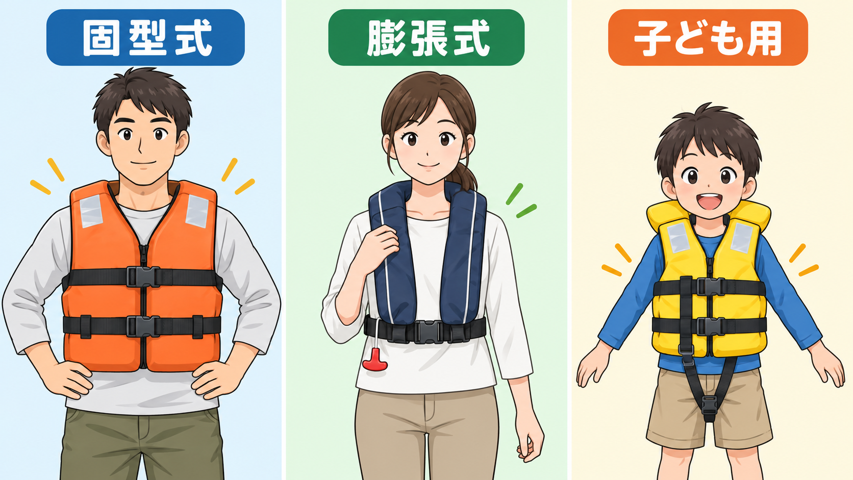固型式と膨張式と子ども用ライフジャケットの比較