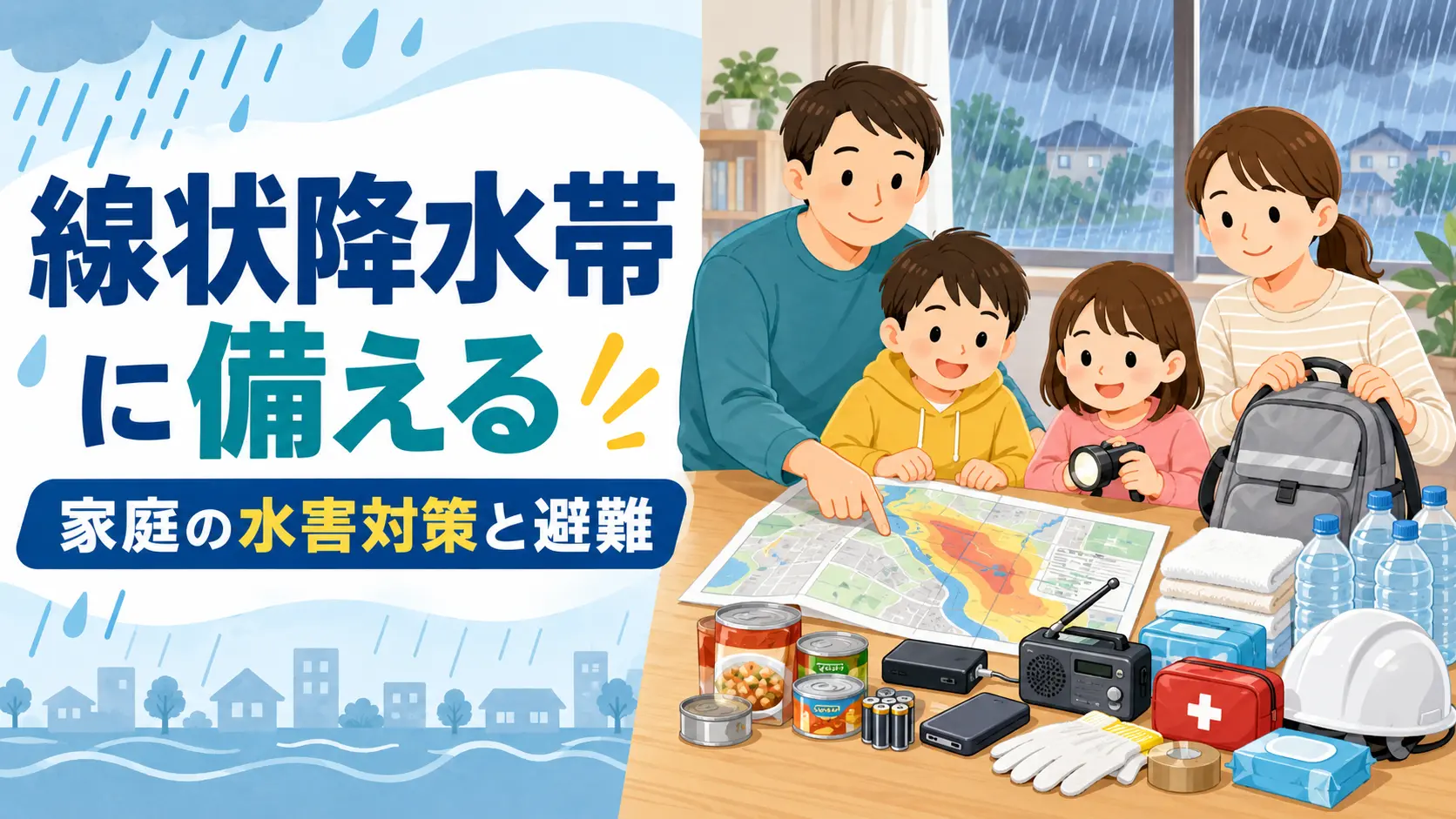 線状降水帯に備えてハザードマップと非常持ち出し品を確認する家族