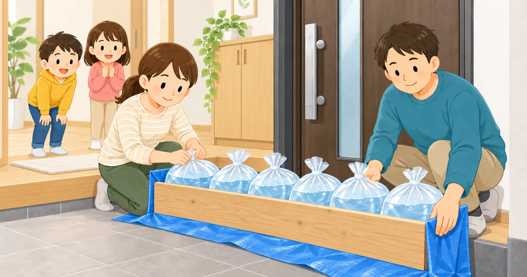 家庭の玄関で簡易水のうと板を使って浸水対策をする様子