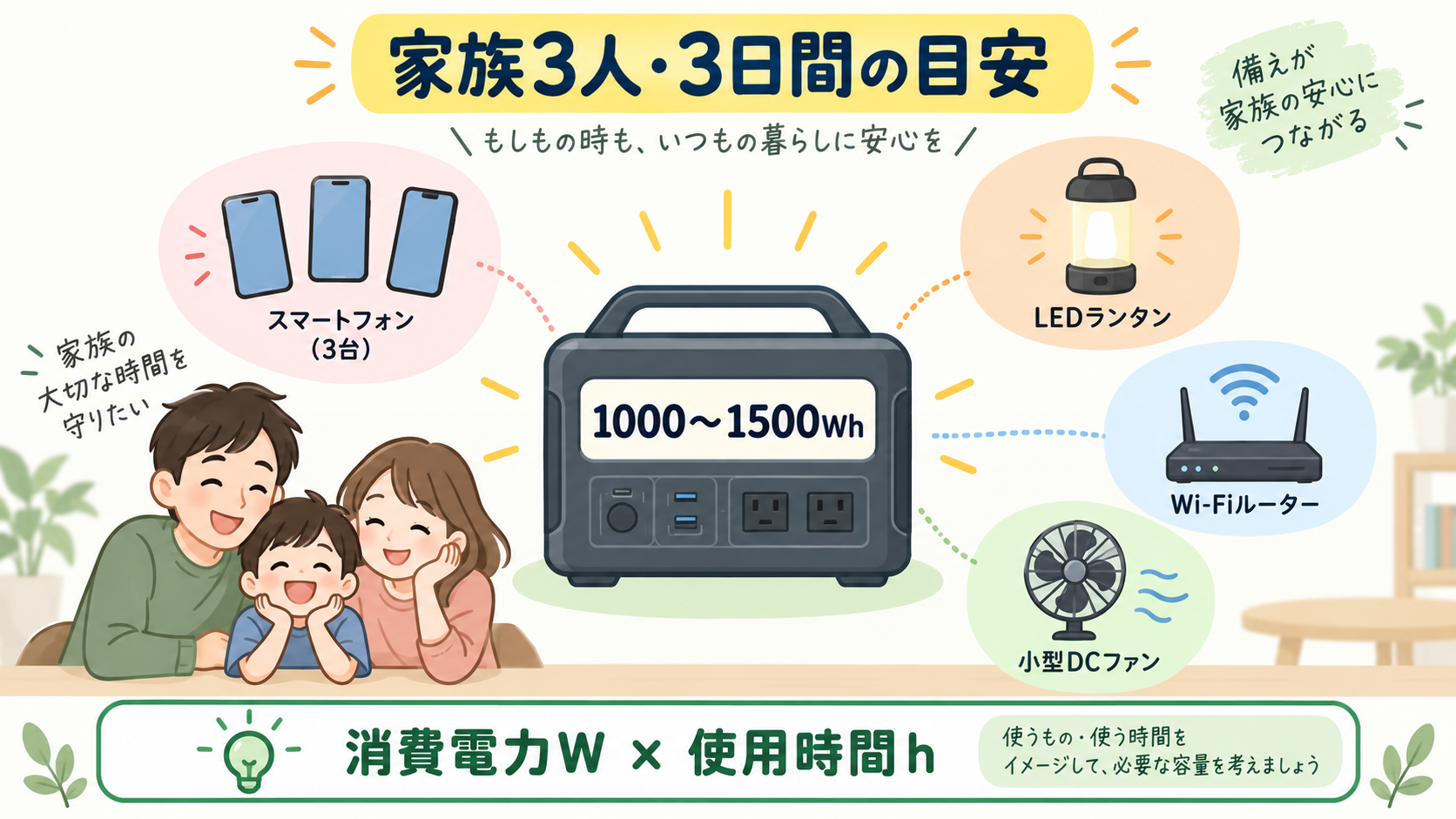 家族3人が3日間使うポータブル電源容量のイメージ