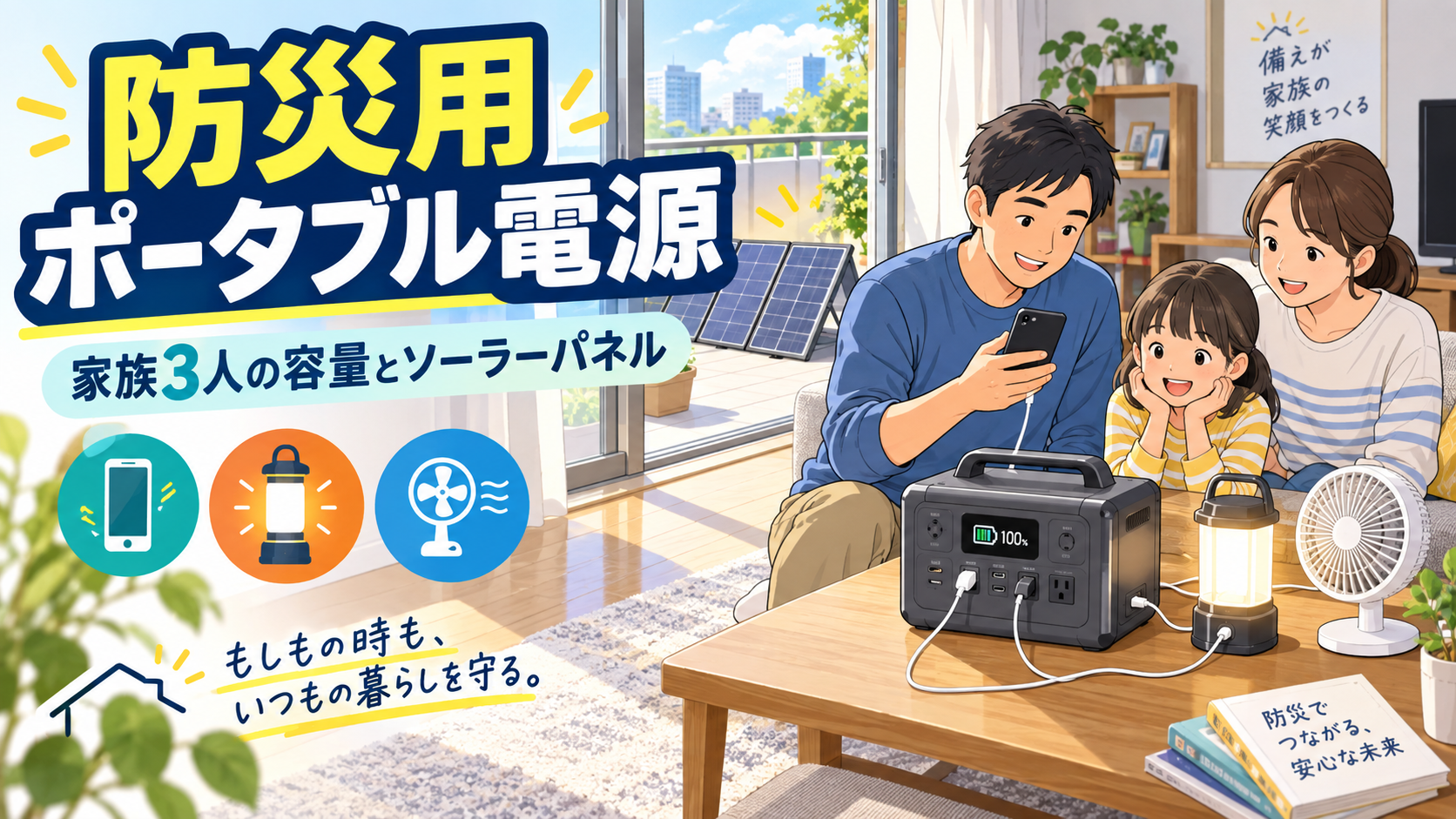 家族3人で防災用ポータブル電源とソーラーパネルを確認する様子