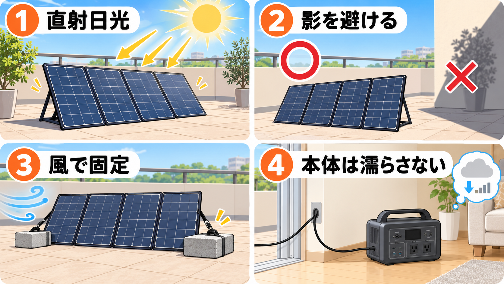 持ち運べるソーラーパネルを安全に設置する4つのポイント