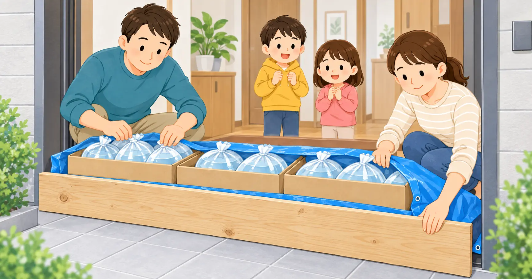 簡易水のうを段ボール箱とレジャーシートと板で補強する家族