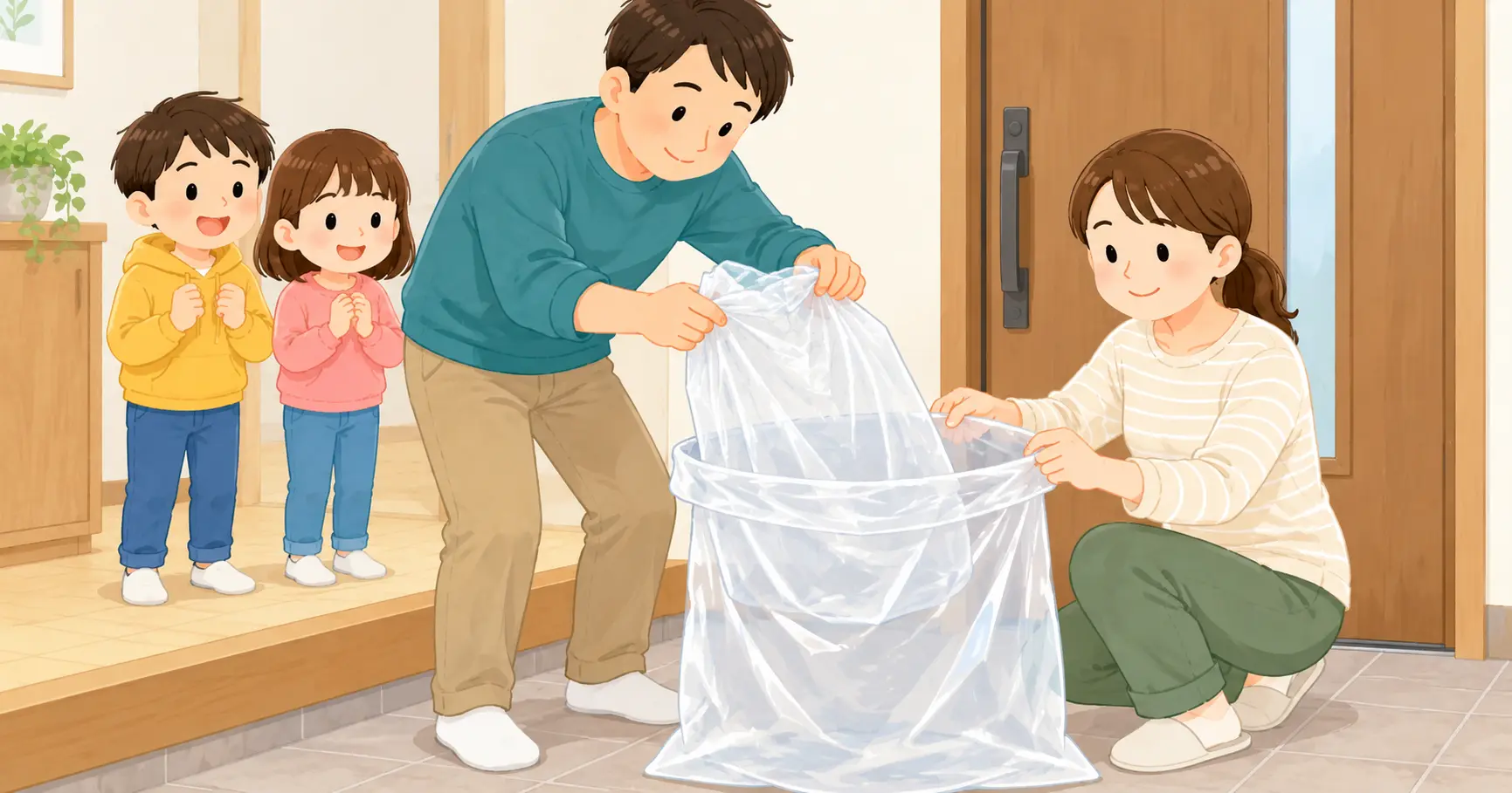 丈夫なゴミ袋を二重にして簡易水のうを作る家族