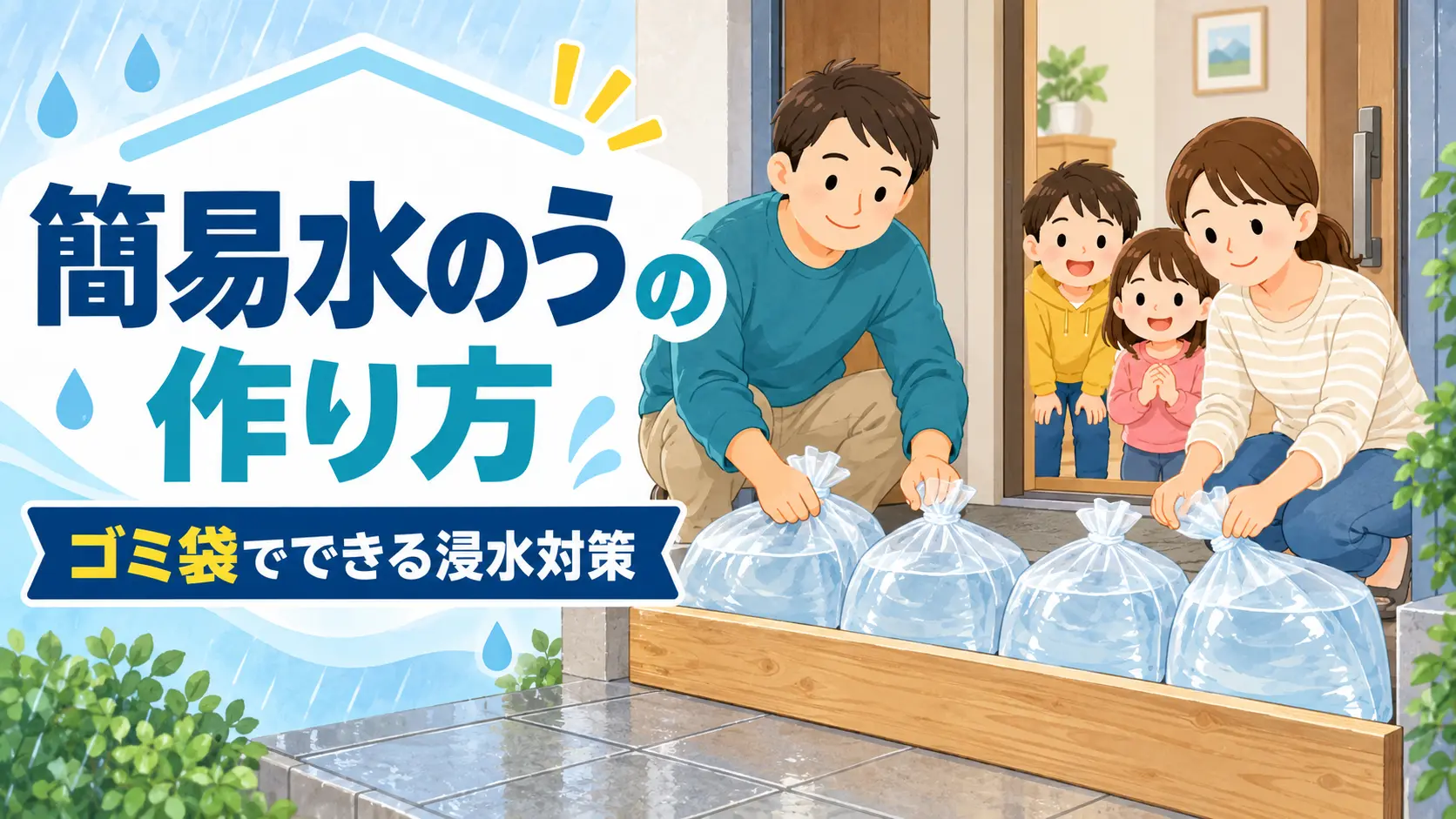 ゴミ袋で簡易水のうを作り玄関の浸水対策をする家族