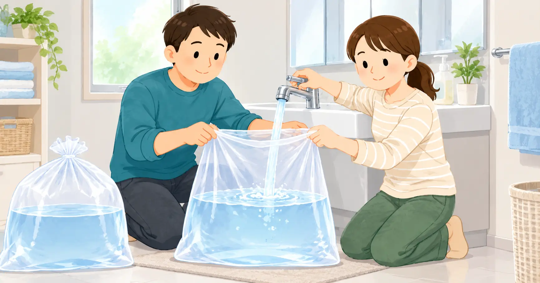 二重にしたゴミ袋へ持ち運べる量の水を半分程度入れる様子