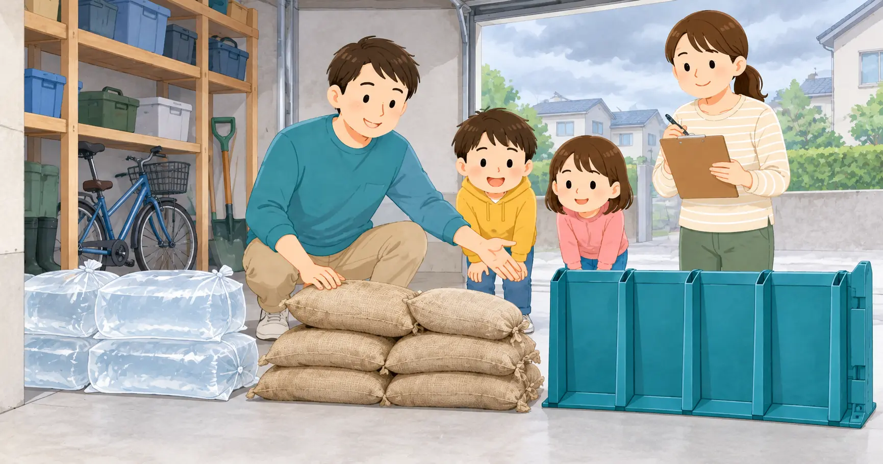 簡易水のうと土のうと市販の止水板を家庭で比較する様子