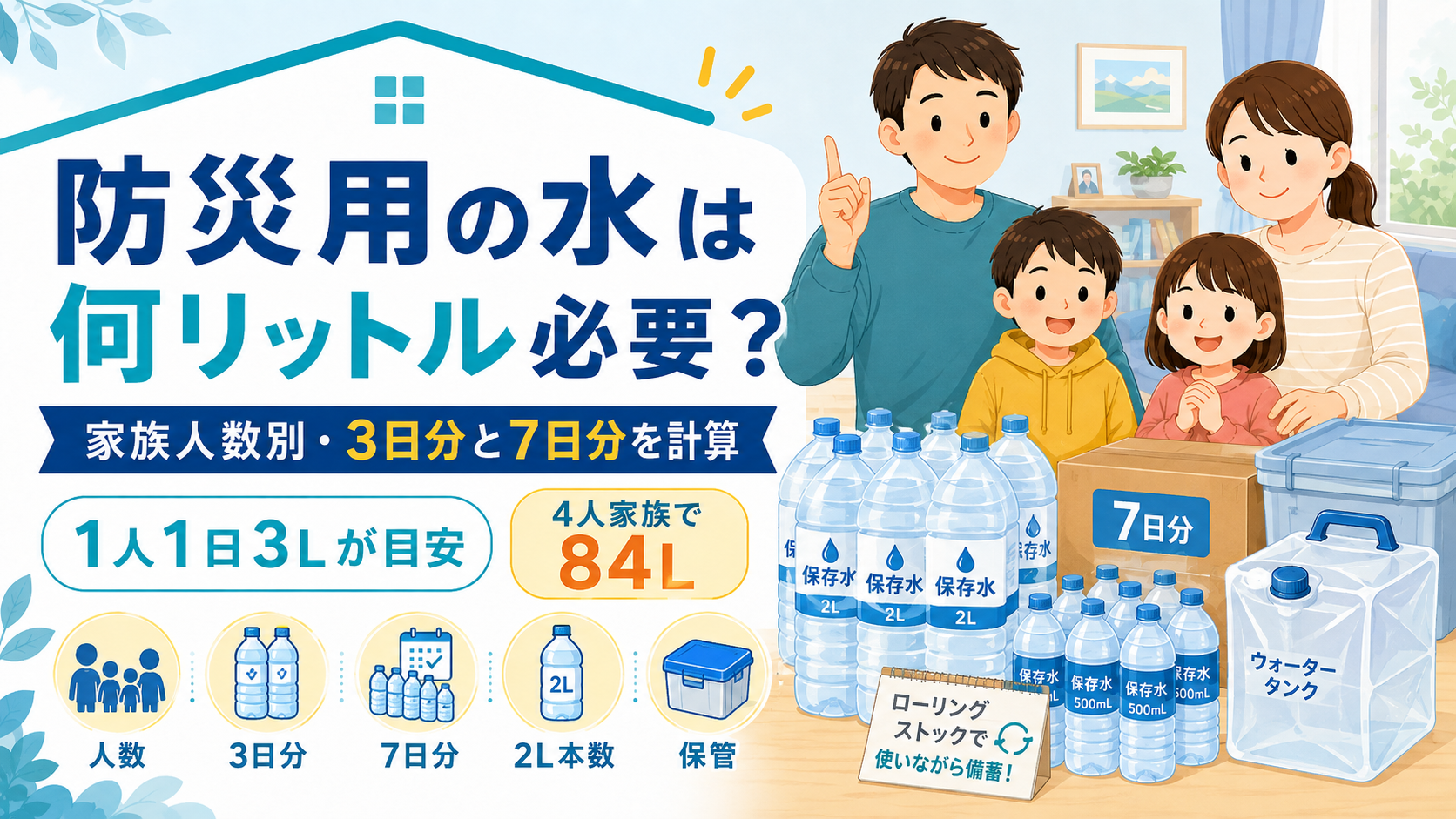 防災用の水は何リットル必要かを家族人数別に示したアイキャッチ画像